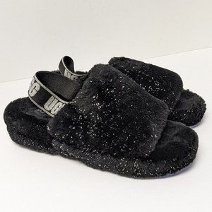UGG Fluff Yeah Slippers, Black Metallic Sparkle, Women's 9 M